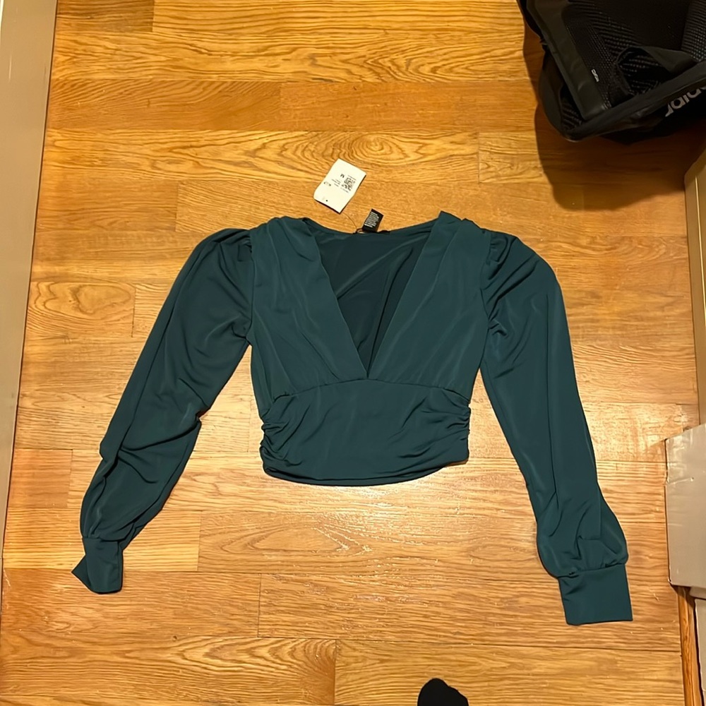 Forest Green deep v long sleeve blouse crop top